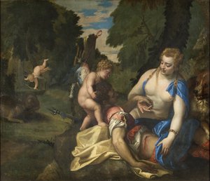 ヴェロネーゼ、パオロ（1528-1588）の「アドニスを嘆くヴィーナス」。油彩・キャンバス寸法：145x173,5cmストックホルム国立博物館 作： ヴェロネーゼ