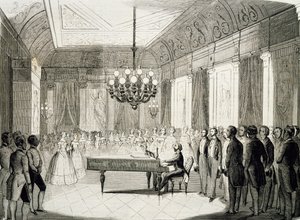 Noite musical com piano, de Achille Deveria (1800-1857), gravura, França