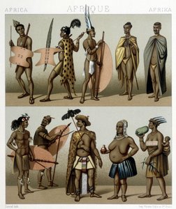 伝統的なカフェレリーの衣装（アフリカのメリディオナル地域）。Racinetによる「Le costume historique」のイラスト 作： アルバートチャールズアウグストラシネ