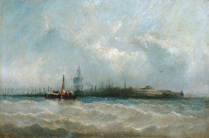 バッテリーとキャッスル ガーデンを示す港から見たニューヨーク、1858 年。 作： Alfred Copestick