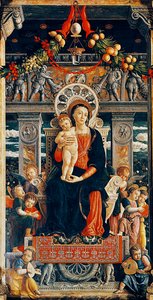 アンドレア・マンテーニャ（1431-1506）作「サン・ゼーノの祭壇画」の中央部分からのディテール「戴冠した聖母」、木材、220x115cm、ヴェローナのサン・ゼーノ大聖堂
