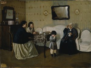 家族の朝。 1871年に子供に祈りを教える