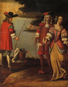 1700年頃の4つ折り両面スクリーン（ペイントされたキャンバスと革）（3248382の詳細