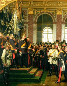 1871年1月18日、ヴェルサイユの鏡の間で1885年に描かれた、新しいドイツ帝国のカイザーとしてのヴィルヘルムの宣言（185620も参照）