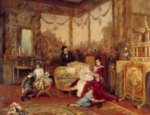 劇作家のヴィクトリアン・サルドー（1831 - 1908）とその子供たち。暖炉の前で火を焚いている居間の室内からの眺め。オーギュスト・ラ・ブレリー（1838-1906）の絵画