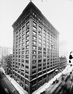 1900年頃、アメリカ・イリノイ州シカゴのMarquette Building（モノクロ写真
