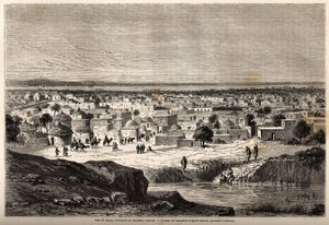 カノ（現在のナイジェリア北部の都市・州）、スーダン中央部の倉庫の眺め。1849年から1855年にかけてのアンリ・バルト博士のアフリカ中央部への旅を説明するために、ランスロットが描いたもの。"Le tour du monde, nouveau journal des voyages "に掲載された版画