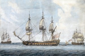 ソレント（イギリス）で、3つの異なる角度から見たイギリスの74門艦の肖像。ドミニク・セレス・ジ・エルダー（1719-1793）作、1788年頃の水彩画。