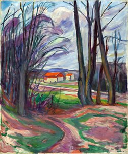 Skoyen (オスロ、ノルウェー) の風景です。 エドヴァルド・ムンク (1863-1944) の絵画、キャンバスに油彩、1920 年頃。ノルウェーの芸術、20 世紀、表現主義。 プライベート コレクション。