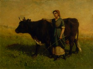 牛と一緒に歩く無題の女性, ca. 1869年。