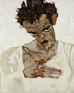 頭を下げた自画像。 エゴン・シーレ（1890-1918）による絵画、木に油彩