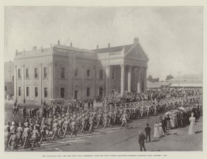 1899年10月7日、ロイヤルノースランカシャー連隊が行進している、トランスバール戦争、キンバリーの新市庁舎
