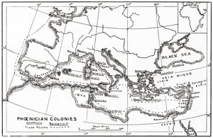 フェニキアの植民地とその地中海交易路の地図