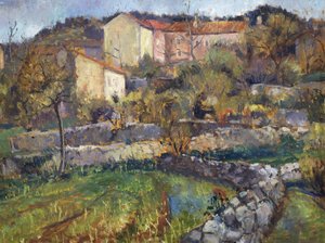 カルストの町、エンリコ・フォンダ（1892-1929）作、厚紙に油彩、69x89cm。 20世紀イタリア。