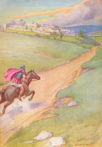 メッセンジャーが彼の馬を都市に向けて拍車をかけているのが見られた、c1912 1912 作： Ernest Dudley Heath