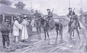 朝鮮人の捕虜から情報を集めているコサックスカウト、イラストレーションラッセル日露戦争第1巻、カッセルの歴史1900年頃