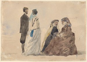 着席する 2 人の女性と浜辺を歩くカップル、c. 1866年。