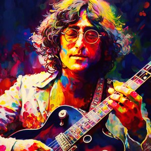 ギターを弾くジョン・レノンの肖像画ミュージシャン、70年代の音楽壁掛けアートプリント 作： ファフタリ・アブデラヒム