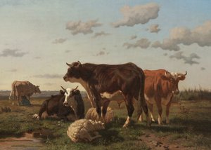 風景の中の牛と羊、1850