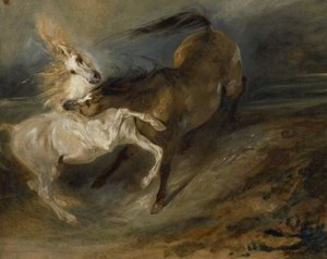 荒れ模様の風景で戦う2頭の馬、c.1828