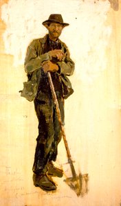 Francesco Gioli (1846-1922) 作の溝掘り機、パネルに油彩、39x22 cm