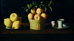 レモンとオレンジとバラの静物画