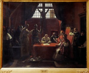サボナローラ（1452-1498）の尋問 ジェローム・サボナローラ（またはジロラモ・サボナローラ）（1452-1498）イタリアの修道士・司祭が、破門・処刑される前に、教皇アレクサンデル6世とフィレンツェ市当局から異端の罪で裁かれる。画家