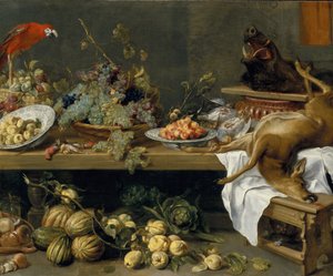 果物、野菜、死んだゲームのある静物、1635