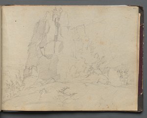 ローマとその周辺の景色を含むアルバム、風景研究、45aページ：岩の多い風景 作： Franz Johann Heinrich Nadorp