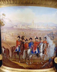 1817年のヴィットーリアの戦いの場面が描かれた、ベルリンの金地の細長いカンパーナの花瓶とウェリントンの礼拝用台座のウェリントンとその将校の詳細 作： フレデリック・クリスチャン・ルイス