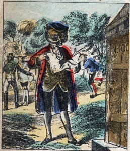 病気のライオンとキツネ。ジャン・ド・ラ・フォンテーヌ（1621-95）の寓話。19世紀末のエピナル画像。
