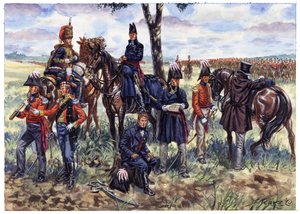 第一帝政1815年6月18日、ワーテルローの戦いでのウェリントン公爵の杖 - ジュゼッペ・ラーヴァによるイラスト