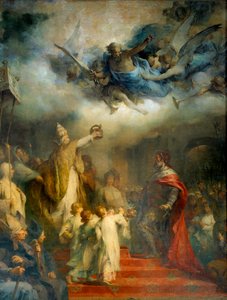 教皇レオン3世は、800年のクリスマスにローマのサン・ピエトロでカール大帝に西欧の皇帝として戴冠する。ヘンリー・レオポルド・レヴィ（1840-1904）の絵