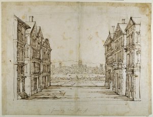 ロンドンとテムズ川を遠望するイギリスの家々（紙にペンとインク