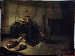 ""Melancholy II"" (Melancholy II (彼のスタジオの科学者)) 音楽を勉強している男性、物思いに沈んだ表情。 Isaac de Jouderville (1613-1648) による絵画、Serpoukhov、国立歴史芸術博物館