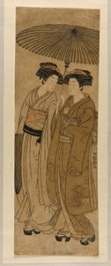 傘の下を歩く 2 人の若い女性