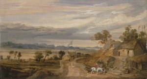 コテージのある風景、c.1802-07（パネルに油彩）