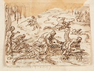 直訳：エジプトのテンティラでのクロコダイル狩り。 裏面: 大プリニウスの自然史に関する碑文、第 7 巻、ch. 38