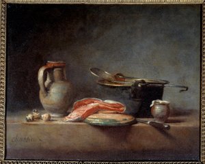 銅鍋、スキマー、水差し、鮭の切り身。静物画。ジャン・バティスト・シメオン・シャルダン（1699年～1779年