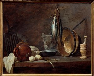 リーンのメニューとキッチン用品。静物画。ジャン・バティスト・シメオン・シャルダン（1699-1779）の絵画