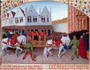 シャルル4世（1316-1378）ドイツ皇帝が1378年にサン＝ドニで行った入場儀式。フランス大年代記」（フォリオ442）のミニチュア。ジャン・フーケ作「エンリュミーヌ」(15世紀)