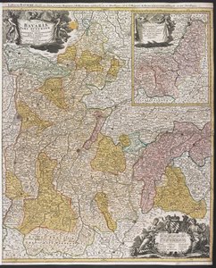 バイエルン州の地図、「Bavariæ Pars Superior」、1715年以降（カラー彫刻）