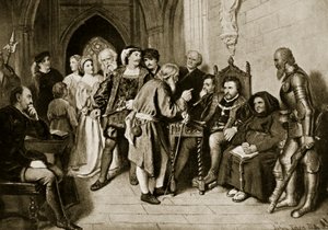 1513年のフロデンの戦い前の評議会のジェームズ4世、「ハッチンソンのイギリス国民の物語」、1923年頃のイラスト 作： ジョン・フェード