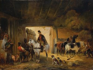 厩舎で馬に水をまくライダー、1840
