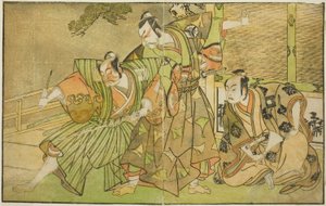 The Actors Ichikawa Komazo II as Minamoto no Yorimasa (right), Matsumoto Koshiro II as Osada no Taro Kagemune Disguised as Yatsurugi Zaemon (center), and Ichikawa Danzo III as I no Hayata Tadazumi (left), In the Play Nue no Mori Ichiyo no Mato, Performed a
