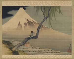 富士山を眺めている少年、1839年（シルクにインクと色）