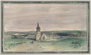モンティニー、フィールドの真ん中にある教会と村、1866年（紙にペンとインクとトイレ） 作： ルイ・アドルフ・エルヴィエ