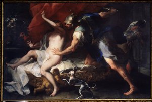 (タルクィニウスとルクレティア) ルクレティアのレイプ (ルクレツィア、ルクレティア、ローマの女性)、彼女のいとこセクストス・タークィンの暴力の犠牲者、タルクィン・ザ・スーパーブの息子。 ルカ・ジョルダーノ (1632-1705) の絵画 17 世紀の国立美術館、トゥーラ、ロシア
