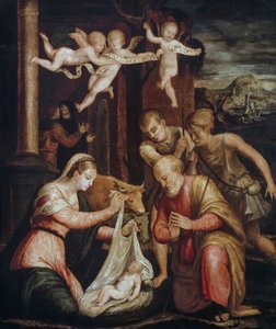 羊飼いの崇拝、ルカ・ロンギ（1507-1580）作、木に油彩