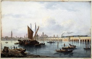 Marco Moro ed. Gio Brize-Ghelが描いた "Album of the Main View of Venice "の中のラグーンにかかる橋。Gio Brise-Ghel n.d. 1840年。
